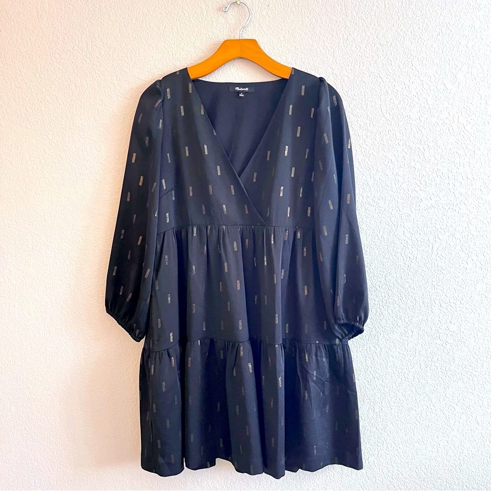 Madewell black Metallic Jacquard Faux-Wrap Tiered Mini Dress Small MC325